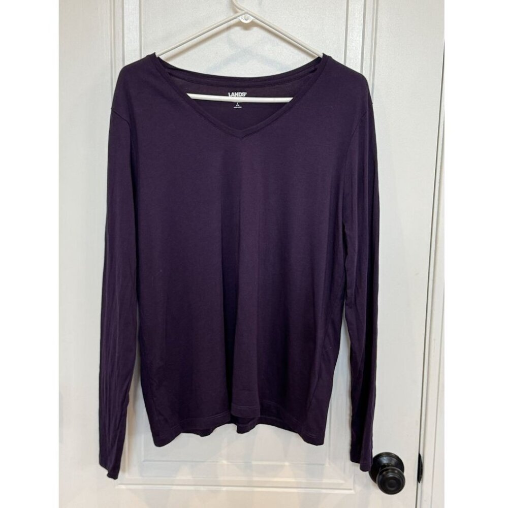 Lands' End Purple V-Neck Long Sleeve T-Shirt Large EUC 100% Cotton